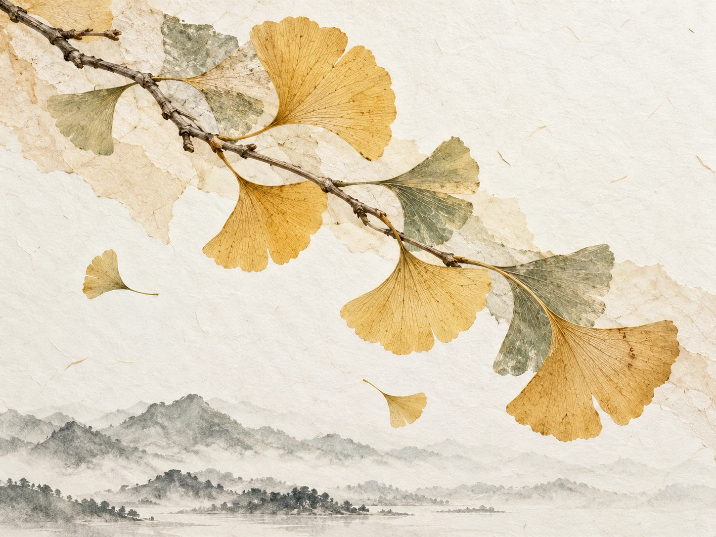 银杏叶脉与山水的纸艺画稿