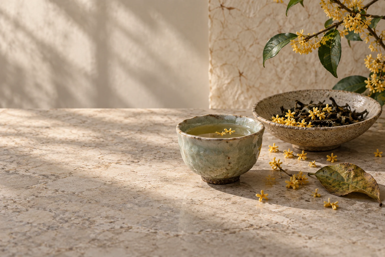 秋日柔光中的桂花、茶叶与手作茶器